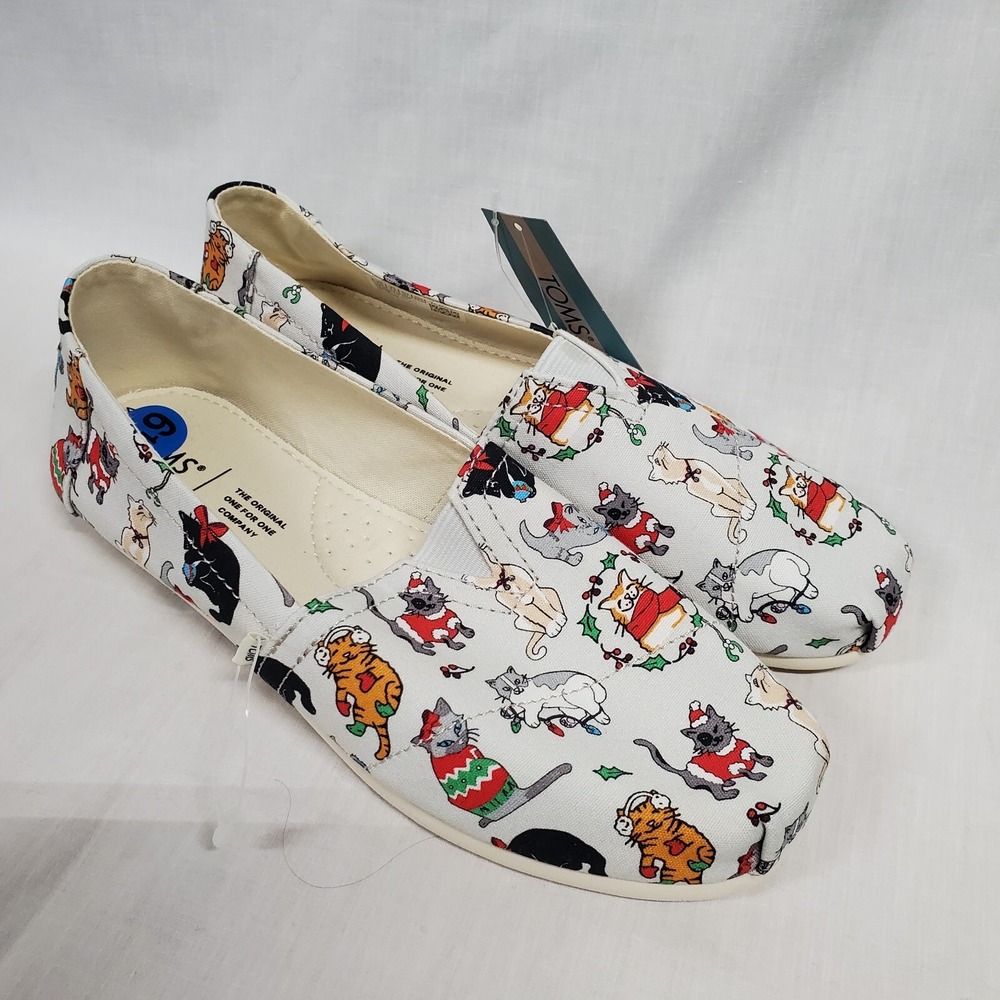 TOMS Womens Belmont Holiday Cats Print Christmas Light Gray Flats Shoes Size 6.5